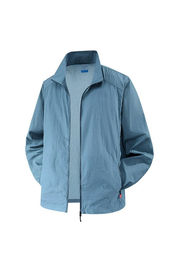 Lightweight Breathable Men's Outdoor Sun Jacket Summer Casual Stand Collar Shirt Shirts for Men Light Blue L