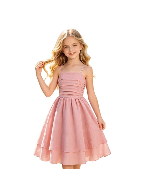 Little Girl Dresses Bowknot Strapless Sleeveless Casual Party Adjustable Strap Toddler Girl Dress Pink 9-10 Years
