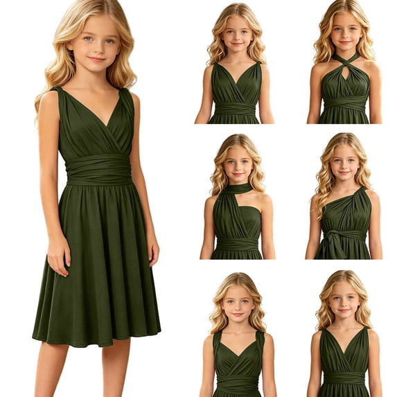 Fgnfyis Little Girl Dresses Convertible Daughter Matching Party Gown for Show Princess Flower Girl Dress Army Green 5-8 Years