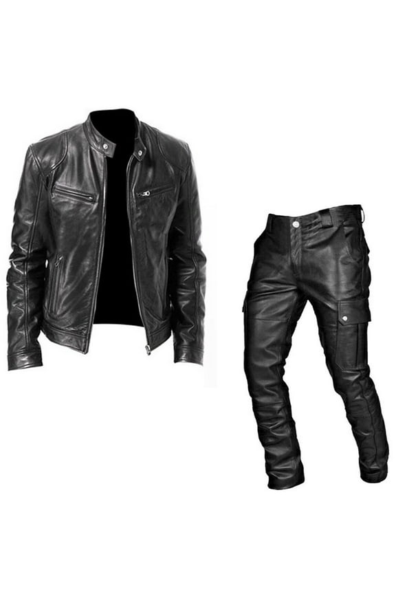 Long Retro Slim Men's Pants Autumn/winter Punk Casual Suit Leather Leather Pants Two Piece Suit Mens Suits Black XXXL
