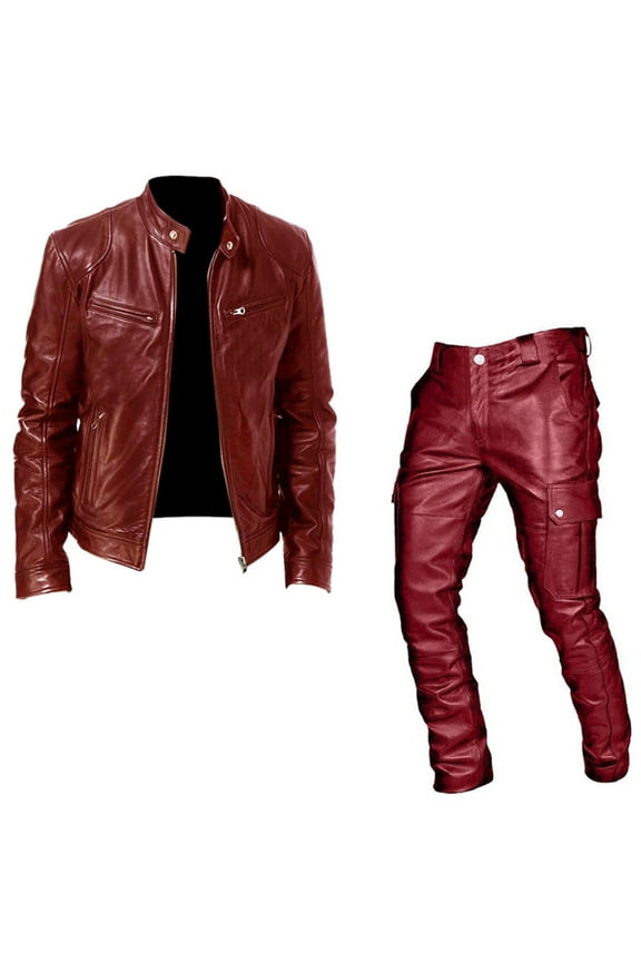 Long Retro Slim Men's Pants Autumn/winter Punk Casual Suit Leather Leather Pants Two Piece Suit Mens Suits Red XXL