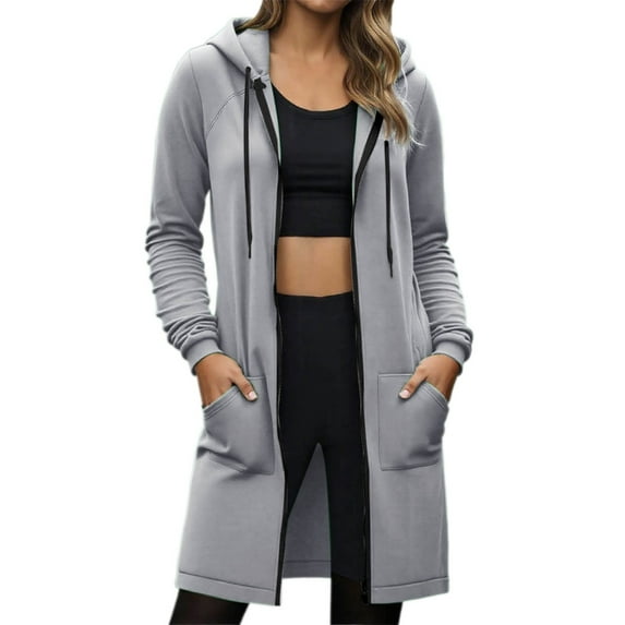 Fgnfyis Long Sleeve Zip Up Hooded Sweatshirt Jacket with Front Pockets and Drawstring for Fall Winter Casual Outerwear Light Gray M