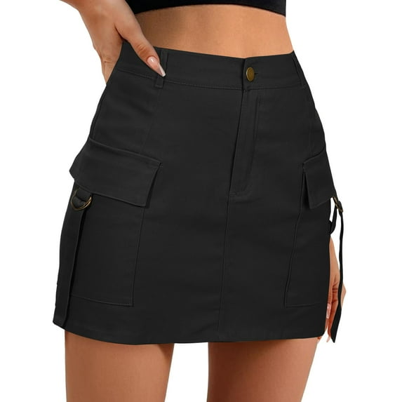 Fgnfyis Low Waist Cargo Skirt Women Button Mini Cargo Skirt with Pocket A-line Skirt Comfortable Utility Skirt Black M