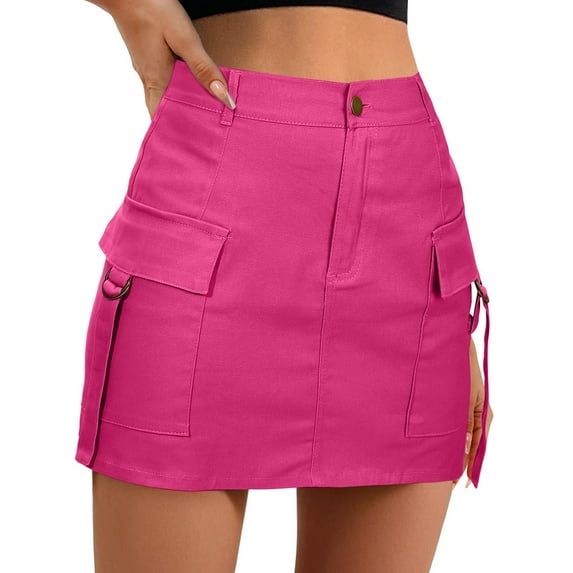 Fgnfyis Low Waist Cargo Skirt Women Button Mini Cargo Skirt with Pocket A-line Skirt Comfortable Utility Skirt Hot Pink XL