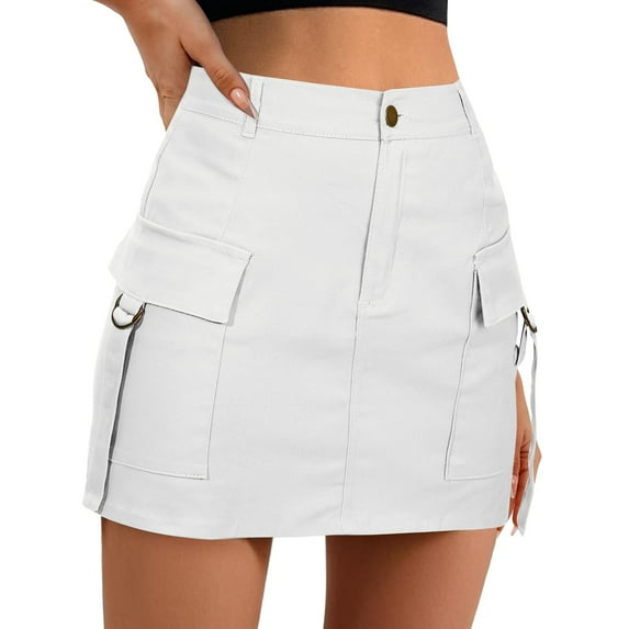 Fgnfyis Low Waist Cargo Skirt Women Button Mini Cargo Skirt with Pocket A-line Skirt Comfortable Utility Skirt White S