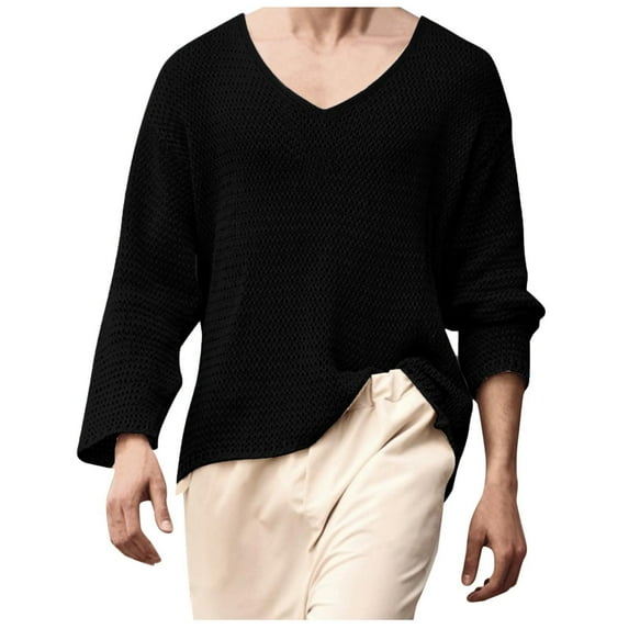 Fgnfyis Male Autumn and Winter Knitted Long Sleeved Solid Color Sweater Round Neck Loose Top Mens T-shirts Black XXL
