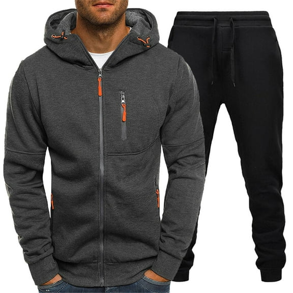Fgnfyis Male Autumn and Winter Two Piece Suit Hooded Long Sleeve Hoodie and Pocket Trousers Men's Suits Dark Gray XL