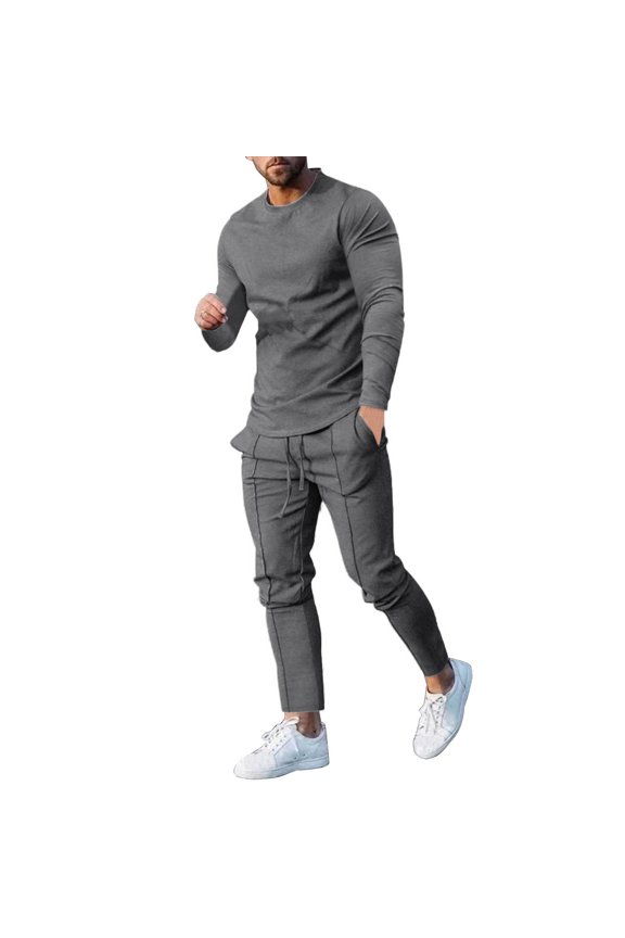 Male Casual Solid Two Piece Suit Round Neck Long Sleeve Top Blouse Suit Drawstring Pocket Pants Set Suit for Men Set Dark Gray M