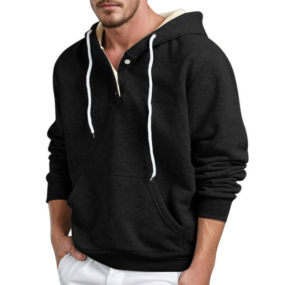 Fgnfyis Male Collar Button Slim Fit Casual Hooded with Pocket Hoodie Sweatshirt for Men Black XXXL