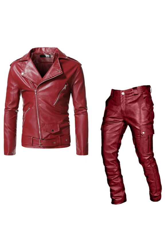 Male Punk Casual Suit Leather Leather Pants Set of Two Pieces Matching Sets Men Clothing Red XXL