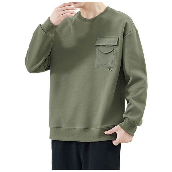Fgnfyis Male Solid Color Sweatshirt Autumn Loose Round Neck Long Sleeve Top Pocket Design Pullover Hoodless Sweatshirt Crewneck Sweatshirt Green XXL