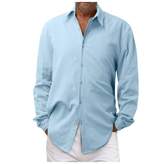 Fgnfyis Male Summer Cotton Solid Casual Plus Size Loose Shirt Mens Turn Down Long Sleeve Shirt Men's Shirts Blue L