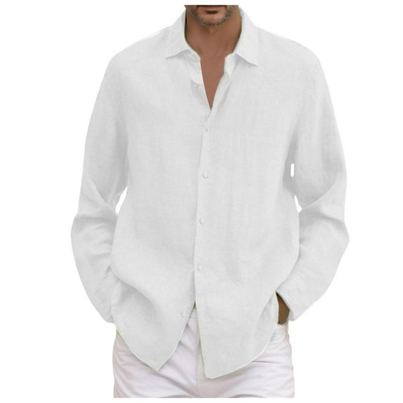 Fgnfyis Male Summer Cotton Solid Casual Plus Size Loose Shirt Mens Turn Down Long Sleeve Shirt Men's Shirts White XL
