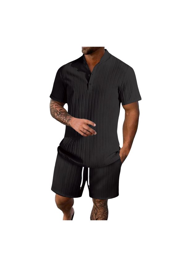 Male Two Piece Solid Color Suit Button Down Short Sleeved Stand up Top and Oversized Shorts Combination Set Mens Suits Black M