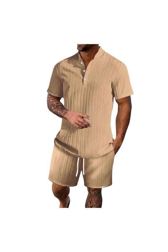 Male Two Piece Solid Color Suit Button Down Short Sleeved Stand up Top and Oversized Shorts Combination Set Mens Suits Khaki S