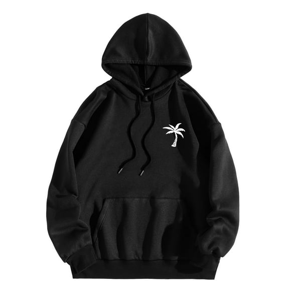 Fgnfyis Male and Women Autumn and Winter Solid Color Coconut Tree Printing Sweater Hooded Long Sleeve Pocket Sweater Sweatshirt for Men Black L