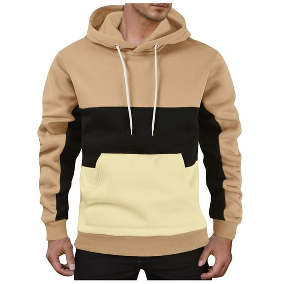 Fgnfyis Men Color Blocked Drawstring Pocket Hooded Sweatshirt Casual Loose Comfortable Business Men's Fashion Hoodies & Sweatshirts Khaki L