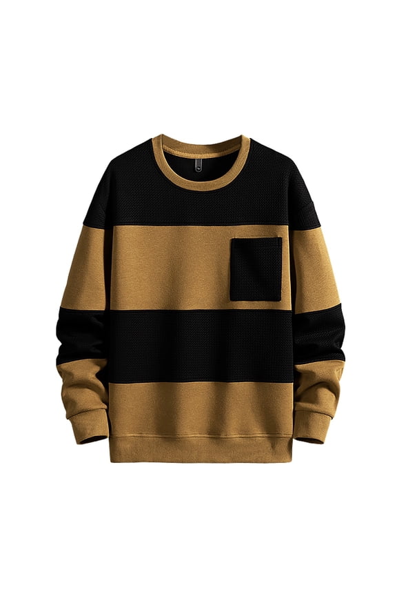 Men Color Coded Pocket Knitted Round Neck Long Sleeved Hoodie Loose Casual Fashion Comfortable Top Sweatshirt Men Brown XXXXXL