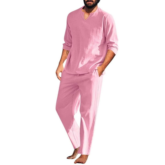 Fgnfyis Men Pieces Cotton Linen Set Henley Shirt Long Sleeve and Casual Beach Pants Summer Yoga Outfits Pants Sets for Men Pink S
