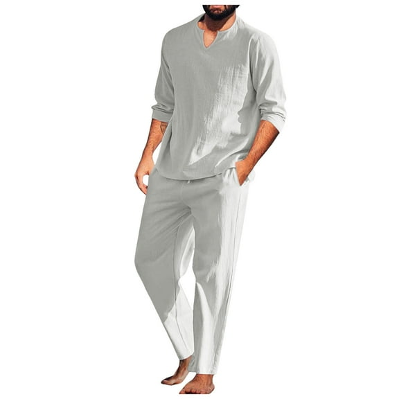 Fgnfyis Men Pieces Cotton Linen Set Shirt Long Sleeve and Casual Beach Pants Summer Yoga Outfits 2 Piece Sets for Men Grey XXL
