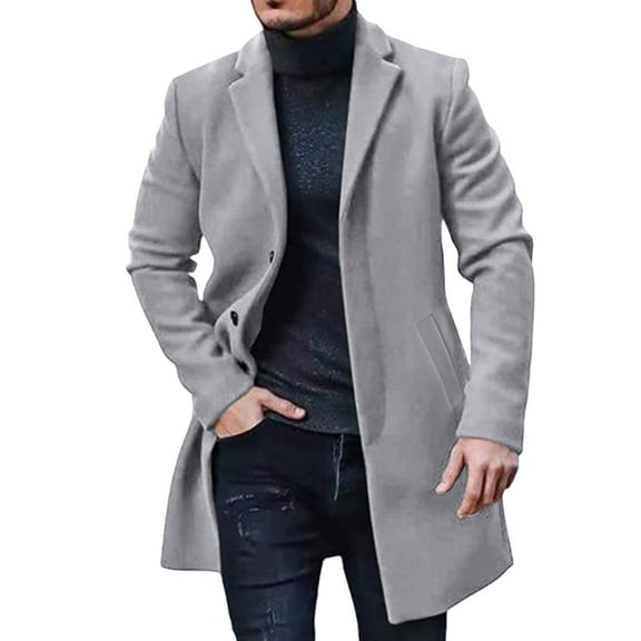 Fgnfyis Men Winter Jacket Plus Size Winter Coat Lapel Long Sleeve Padded Thicken Wool Blend Overcoat Stand Collar Winter Coats for Men Grey XXL