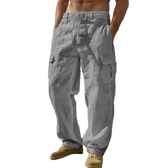 Fgnfyis Men's Cargo Pants Linen Workwear Trousers Casual Comfortable Breathable Summer Spring Daily Wear Loose Fit Utility Pants for Outdoor Activities Trousers for Men Grey XXXL