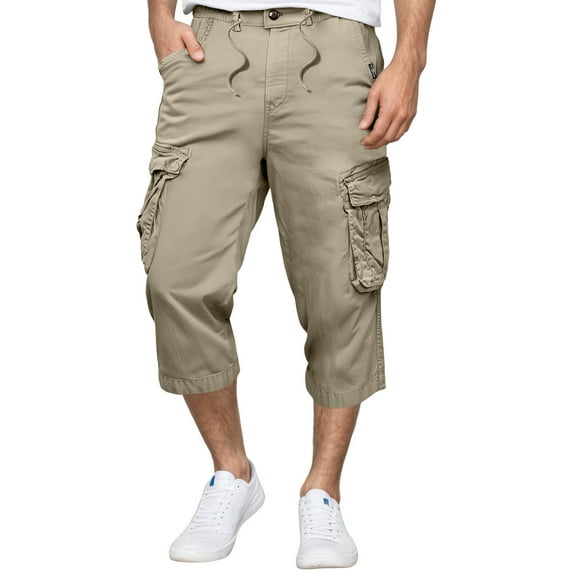 Fgnfyis Men's Cargo Pants Summer Casual Straight Leg Cropped Pocket Utility Pants for Home Beach Outdoor Men's Pants Khaki 32