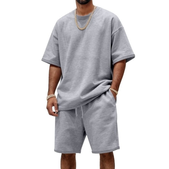 Fgnfyis Men's Casual Short Sleeve Round Neck Suit Set Comfortable Summer Spring Outfit for Daily Wear and Sports Activities Lightweight Breathable Fabric Summer Outfits For Men Light Gray S