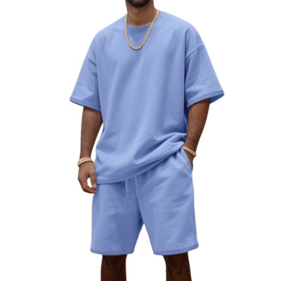 Fgnfyis Men's Casual Short Sleeve Round Neck Suit Set Comfortable Summer Spring Outfit for Daily Wear and Sports Activities Lightweight Breathable Fabric Summer Outfits For Men Light Blue S