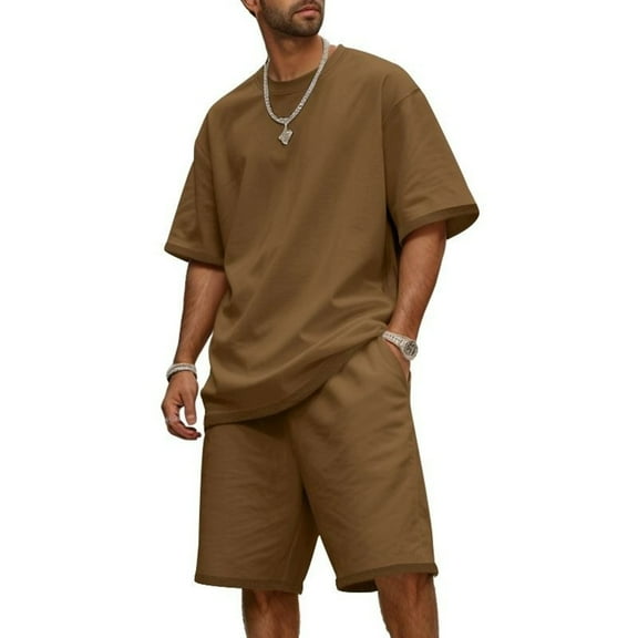 Fgnfyis Men's Casual Short Sleeve Round Neck Suit Set Comfortable Summer Spring Outfit for Daily Wear and Sports Activities Lightweight Breathable Fabric Summer Outfits For Men Brown XXL