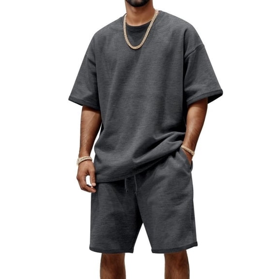 Fgnfyis Men's Casual Short Sleeve Round Neck Suit Set Comfortable Summer Spring Outfit for Daily Wear and Sports Activities Lightweight Breathable Fabric Summer Outfits For Men Dark Gray S