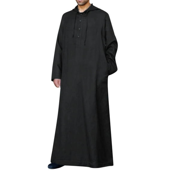 Fgnfyis Men's Casual Solid Hooded Robe Long Sleeve Button Pocket Jubba Thobe Tops for Men Trendy Black S