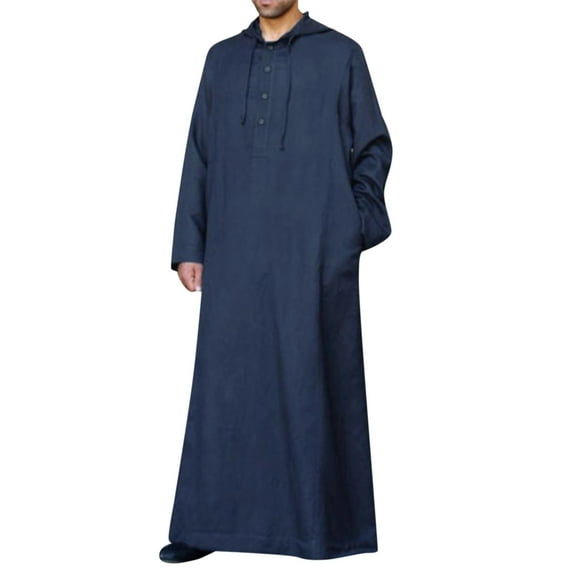Fgnfyis Men's Casual Solid Hooded Robe Long Sleeve Button Pocket Jubba Thobe Tops for Men Trendy Navy L