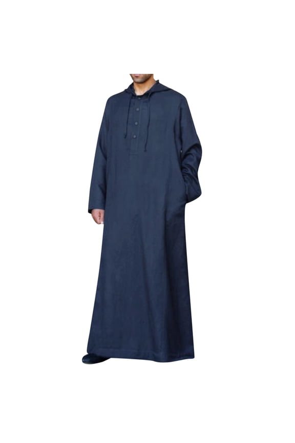 Men's Casual Solid Hooded Robe Long Sleeve Button Pocket Jubba Thobe Tops for Men Trendy Navy L
