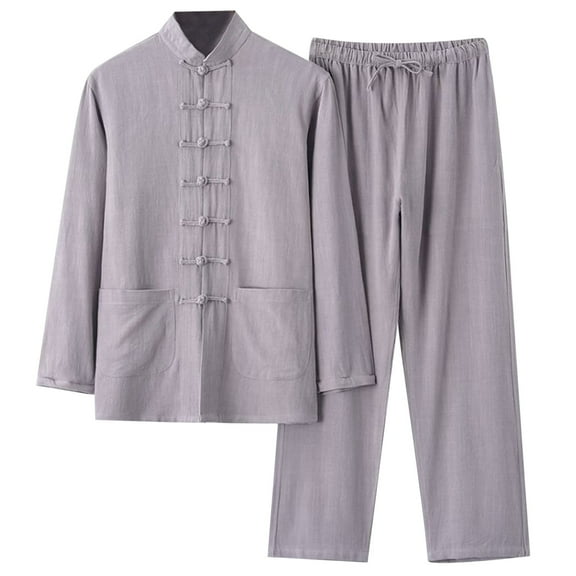 Fgnfyis Men's Cotton and Linen Set 2 Piece Clothing Shirt Casual Set Long Sleeved Pants Set Suits for Men Grey XXXXL