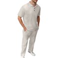 thumbnail image 1 of Fgnfyis Men's Europe and The United States Summer New Solid Color Jacquard Short Sleeved Shirt Pants Two Piece Suit Matching Sets Men Clothing Khaki M, 1 of 5
