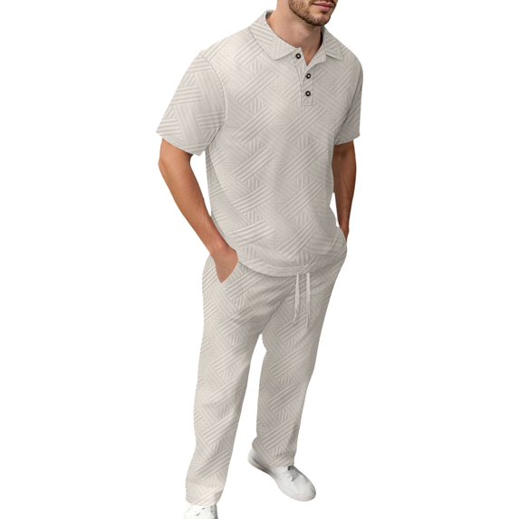 Fgnfyis Men's Europe and The United States Summer New Solid Color Jacquard Short Sleeved Shirt Pants Two Piece Suit Matching Sets Men Clothing Khaki M