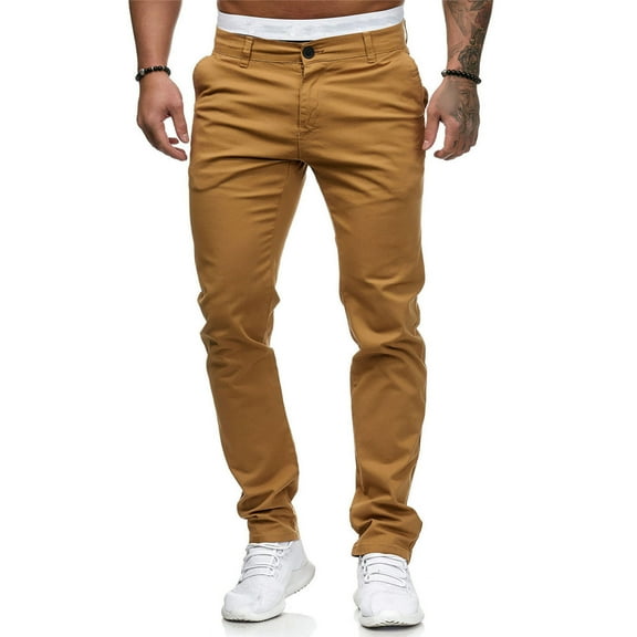 Fgnfyis Men's Fashion Casual Mid Waist Slim Pant Solid Pocket Full Length Trousers Pants for Men Yellow L