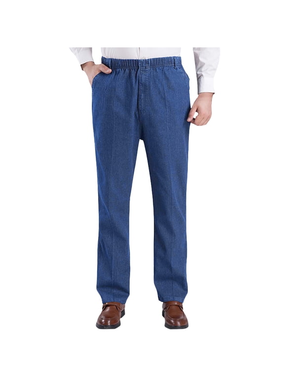 Men's Jeans High Waist Elasticated Waist Loose Stretch Deep Crotch Casual Style Denim Trousers Mens Pants Sky Blue XXL