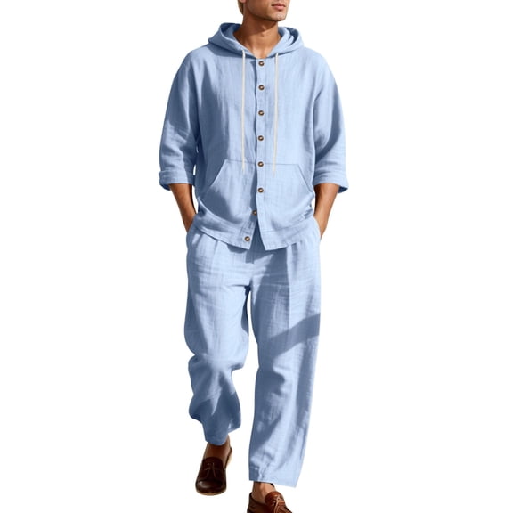 Fgnfyis Men's Linen Hooded Long Sleeve Shirt Loose Trousers Beach Casual Suit Mens Outfits Light Blue S