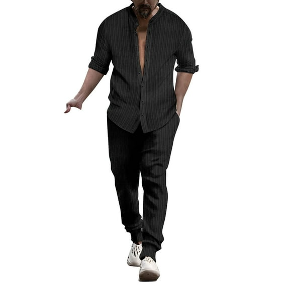 Fgnfyis Men's Linen Shirt Sets Outfits 2 Pieces Henley Shirts Long Sleeve Loose Yoga Pants Beach Clothing Mens Suits Black S