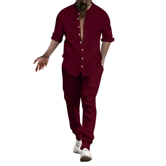 Fgnfyis Men's Linen Shirt Sets Outfits 2 Pieces Shirts Long Sleeve Loose Yoga Pants Beach Clothing Trousers Sets RD3 XXXL