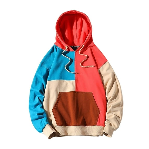 Fgnfyis Men's Loose Casual Versatile Colorblocking Patchwork Hooded Top Sweatshirt Mens Hoodies Red S