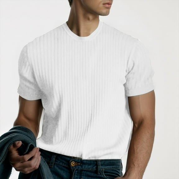 Fgnfyis Men's Muscle T Shirts Stretch Short Sleeve Bodybuilding Workout Tee Shirts Ribbed Knit Shirt Mens T-shirts White S