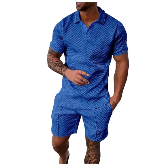 Fgnfyis Men's Set of 2 Piece T Shirt Sports and Leisure Set Plus Size Short Sleeved Shorts Set Men Summer Outfits Light Blue M