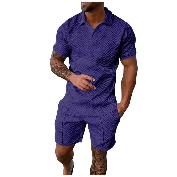 Fgnfyis Men's Set of 2 Piece T Shirt Sports and Leisure Set Plus Size Short Sleeved Shorts Set Men Summer Outfits Purple XXXL