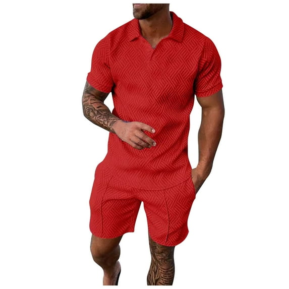 Fgnfyis Men's Set of 2 Piece T Shirt Sports and Leisure Set Plus Size Short Sleeved Shorts Set Men Summer Outfits Red XXL