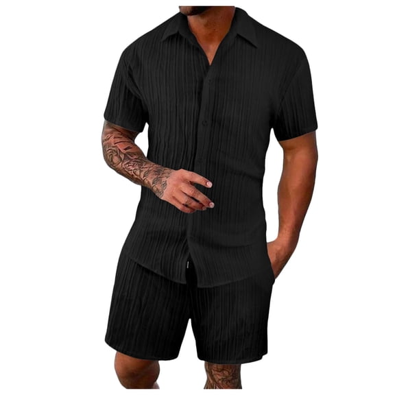 Fgnfyis Men's Short Sleeve Shirt Casual Button Solid Holiday Beach Shirts Tops Shorts Two Piece Set Short Sets for Men Black XXXL
