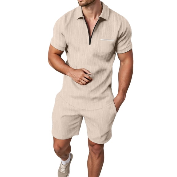 Fgnfyis Men's Slim Fit Suit Set with Zipper Detail for Daily Wear Spring Summer Casual Outfits Paired with Shorts Comfortable and Stylish Men Sets 2 Piece Outfits Khaki M