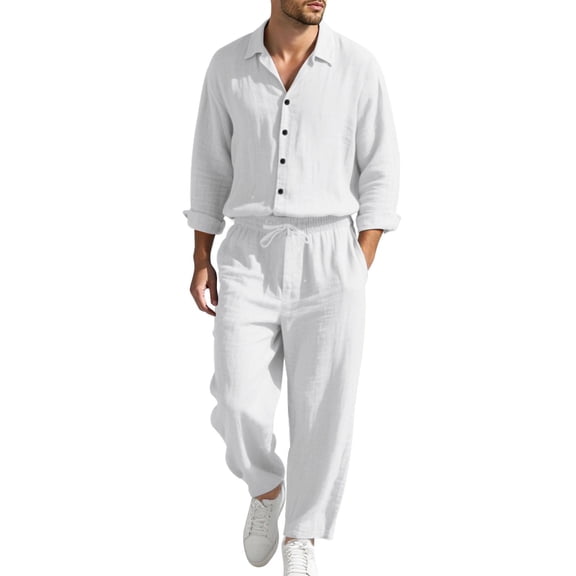 Fgnfyis Men's Solid Color Beach Thin Long Sleeved Shirt and Trousers Two Piece Suit Suits for Men White L